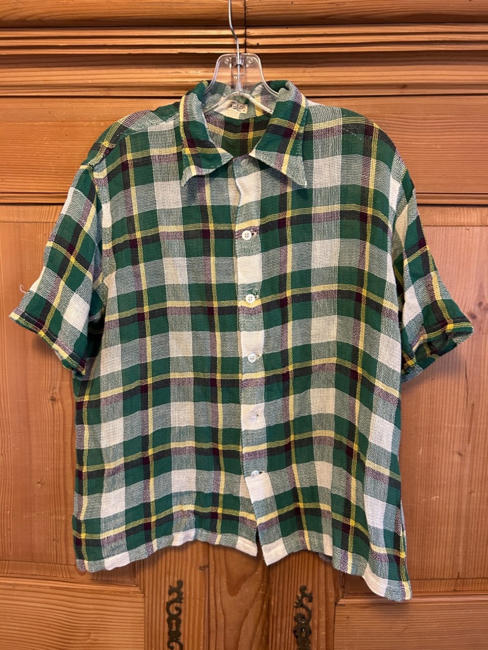 VTG 60s 70s Manhattan Woven Cotton Mesh Plaid Short Sleeve Button Down Shirt